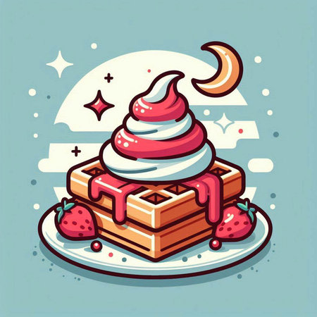 Belgian waffle with whipped cream and strawberry, vector illustration.のイラスト素材