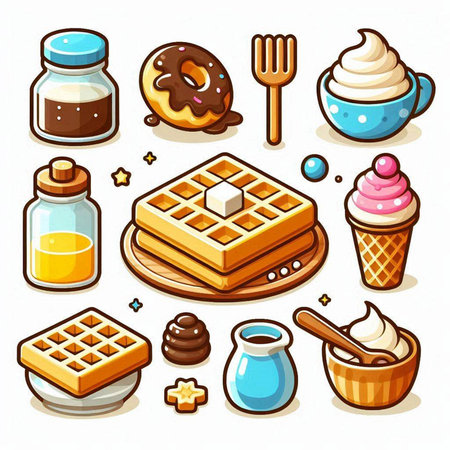 Set of vector cartoon icons of waffles, ice cream and other dessertsのイラスト素材