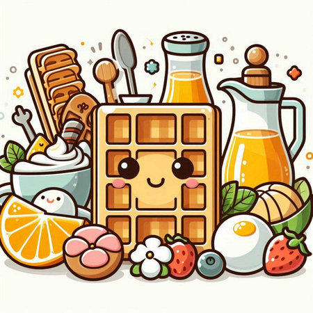 Vector illustration of cute cartoon waffle character with various food and drink.のイラスト素材