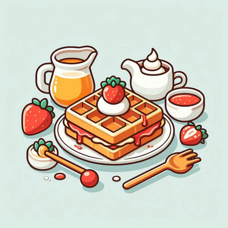 Breakfast with waffles and strawberries. Vector illustration in cartoon style.のイラスト素材
