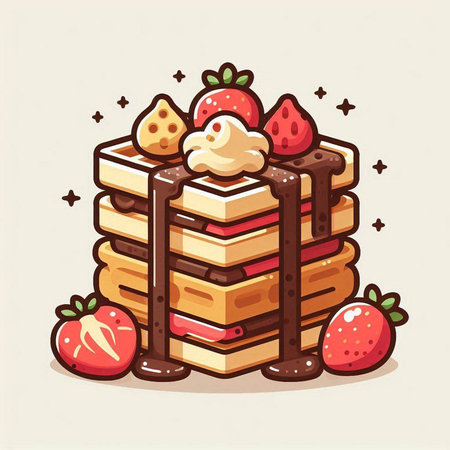 Vector illustration of a stack of waffles with strawberries and whipped cream.のイラスト素材