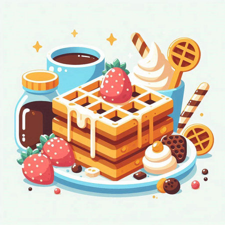 Belgian waffles with chocolate, ice cream and strawberries. Vector illustration.のイラスト素材
