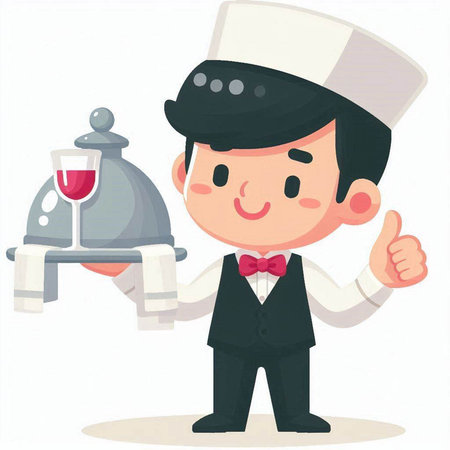 Cartoon waiter serving a tray of food with a glass of wineのイラスト素材