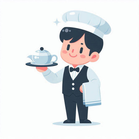 Illustration of a waiter serving a dish with a tray in his handのイラスト素材