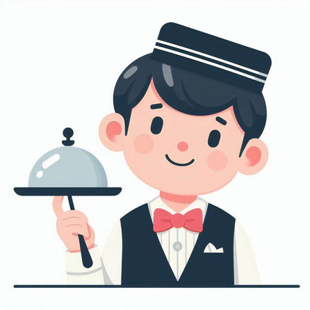 Illustration of a waiter holding a tray with a lid and a lidのイラスト素材