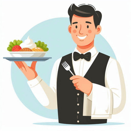 Illustration of a waiter serving a plate of food. Vector illustration.のイラスト素材