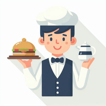 Illustration of a male chef holding a tray with a hamburgerのイラスト素材