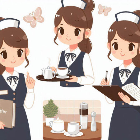 Illustration of a waitress holding a menu and a cup of coffeeのイラスト素材