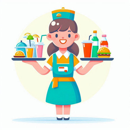 Cute little waitress with a tray of food. Vector illustration.のイラスト素材