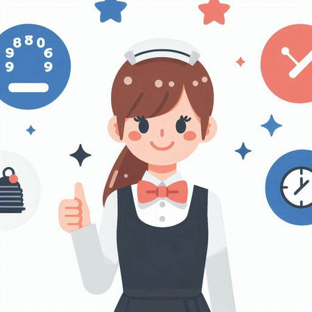 Illustration of a maid showing thumbs up with various icons in the backgroundのイラスト素材