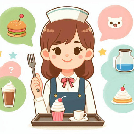 Illustration of a nurse serving a cupcake with a spoon and a forkのイラスト素材