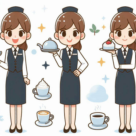 Air hostess with cup of coffee and cake. Vector illustration.のイラスト素材