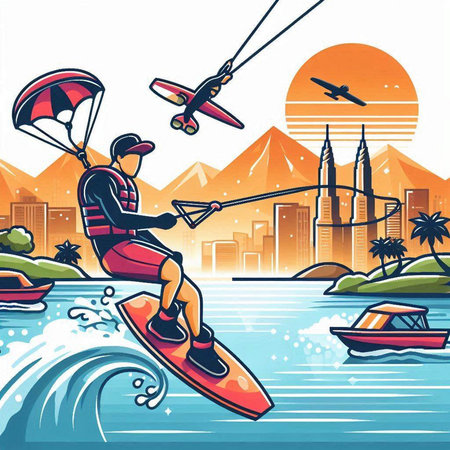 Kitesurfing in the city. Vector illustration in retro styleのイラスト素材