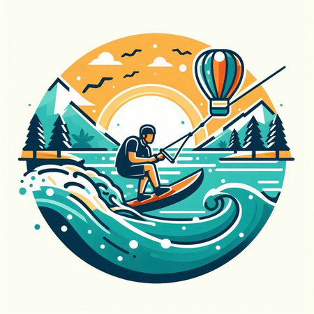 Man on a stand up paddleboard in the lake. Vector illustration.のイラスト素材