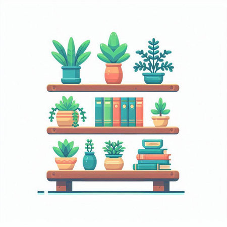 Wooden shelf with books and houseplants. Vector illustration.のイラスト素材