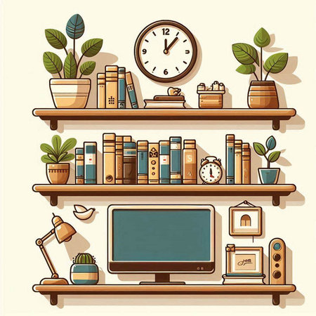 Vector illustration of bookshelf with different home related objects in flat styleのイラスト素材