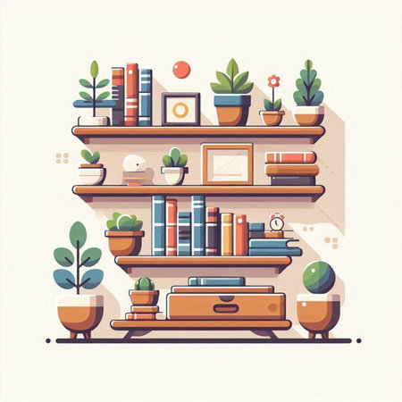 Bookshelf with books and plants. Flat style vector illustration.のイラスト素材