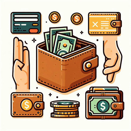 Wallet with money, cash and credit cards. Hand drawn vector illustration.のイラスト素材