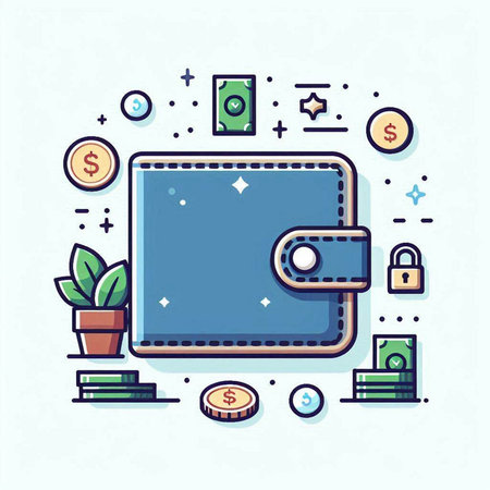 Wallet with money and coins. Vector illustration in thin line style.のイラスト素材