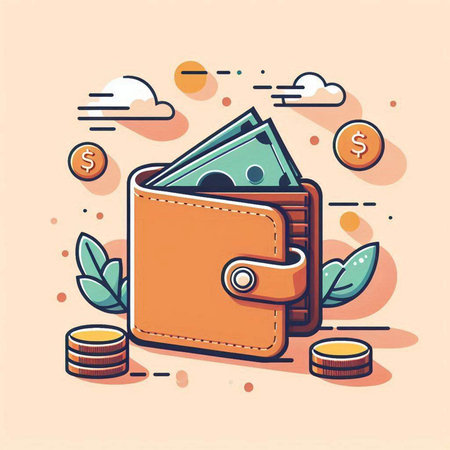 Wallet with money and coins. Vector illustration in trendy flat style.のイラスト素材