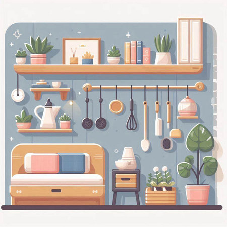 Interior design of a cozy room. Flat style vector illustration.のイラスト素材