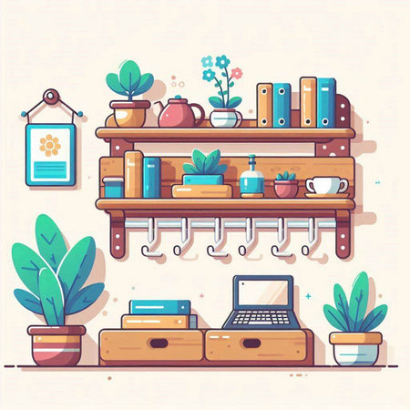 Bookshelf with books and plants. Flat style vector illustration.のイラスト素材
