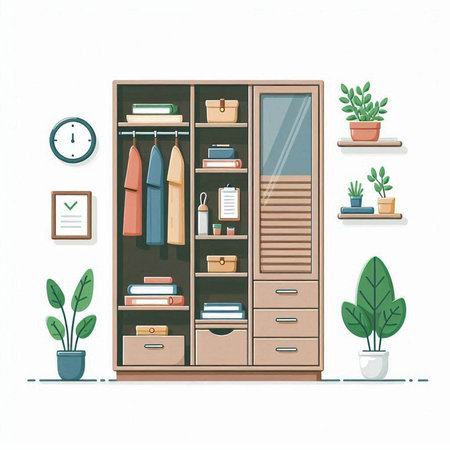 Closet with books and accessories in flat style. Vector illustration.のイラスト素材