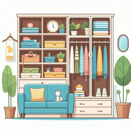 Vector illustration of a cozy living room with a furniture, sofa, bookshelf, cupboard and plantsのイラスト素材