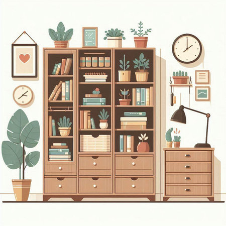 Vector illustration of a bookshelf with books and plants in a flat styleのイラスト素材