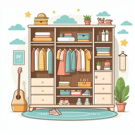 Closet with different clothes. Vector illustration in cartoon style.のイラスト素材