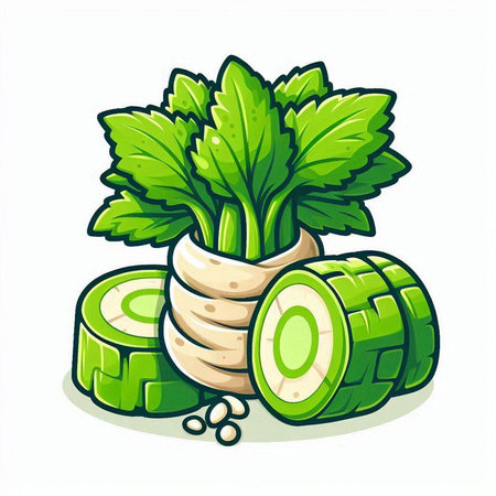 Illustration of a fresh celery with green leaves on a white backgroundのイラスト素材