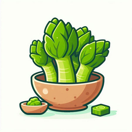 Bunch of green celery in clay pot. Vector illustration.のイラスト素材