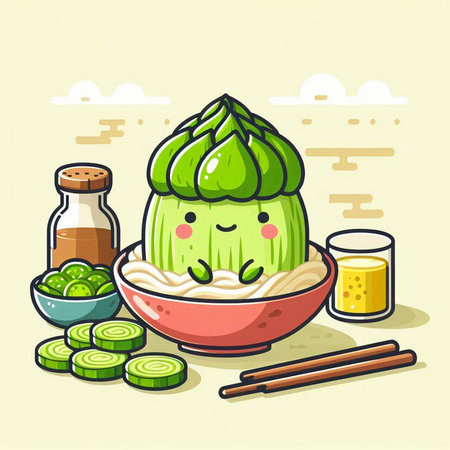 Illustration of Cute Cartoon Asian Vegetable in Bowl with Chopsticksのイラスト素材