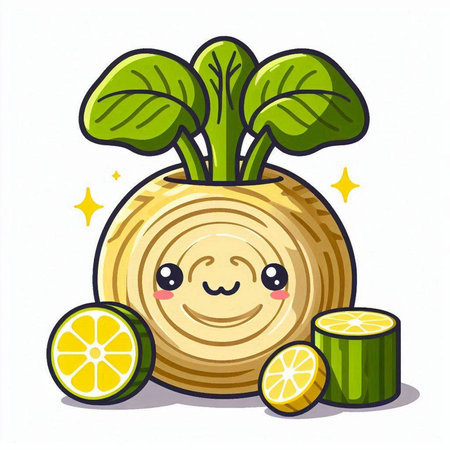 Lemon and spinach character cartoon vector illustration. Lemon and spinach mascot.のイラスト素材