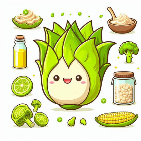Cute cartoon aloe vera character with ingredients. Vector illustration.のイラスト素材