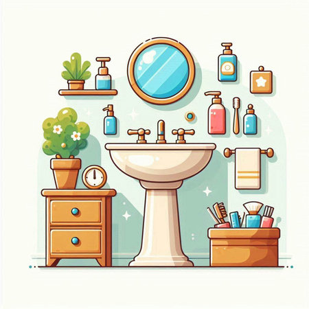 Bathroom interior design. Bathroom furniture and accessories. Vector illustration.のイラスト素材