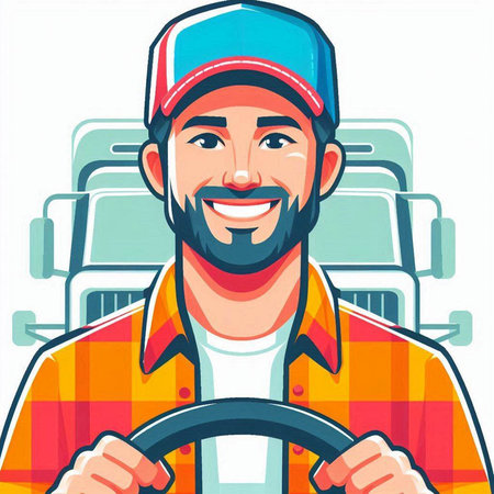 Vector illustration of a smiling mechanic holding steering wheel of a truck.のイラスト素材