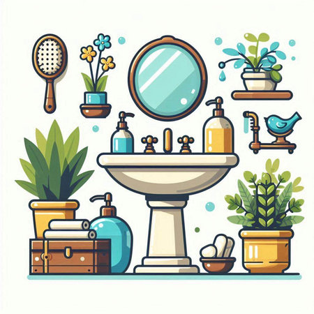 Bathroom interior design elements. Bathroom furniture. Vector illustration.のイラスト素材