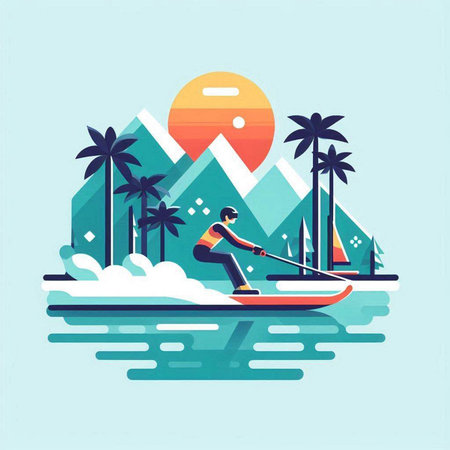 Vector illustration of a man on a paddle board on the background of palm trees.のイラスト素材