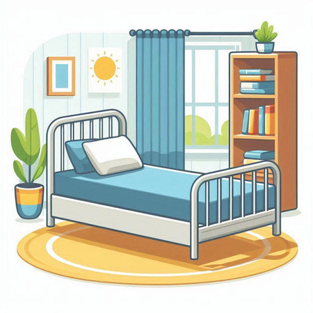 Illustration of a bedroom with a bed and a bookcase.のイラスト素材