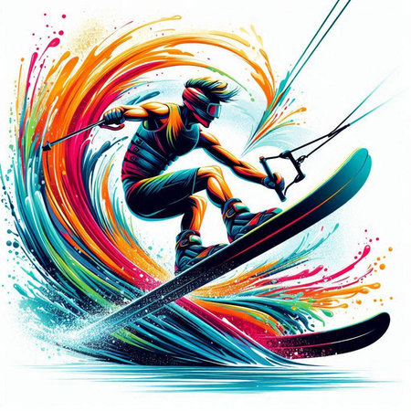 Illustration of a skier with a surfboard on a colorful backgroundのイラスト素材