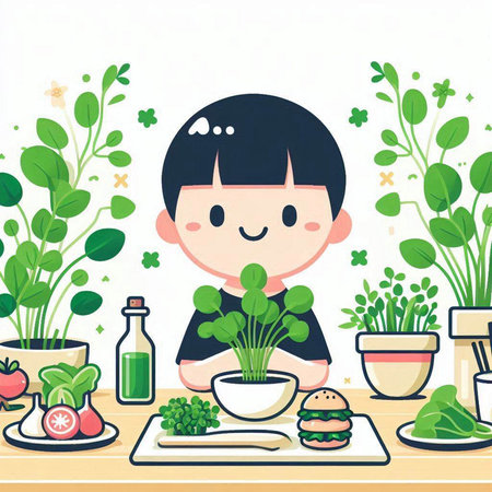 Boy Eating Vegetable Salad at the Table. Vector Illustration.のイラスト素材