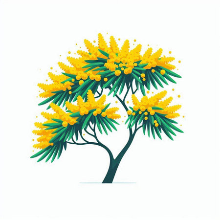 Flowering mimosa tree on white background. Vector illustration.のイラスト素材