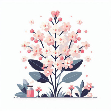 Flowering branch of a tree with pink flowers. Vector illustration.のイラスト素材