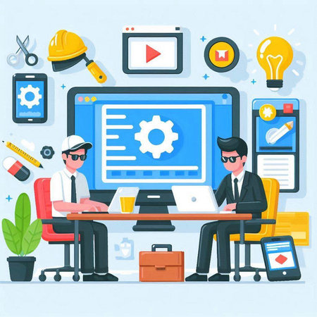 Architect and engineer working in office. Flat design vector illustration.のイラスト素材