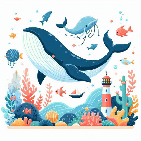 Cute cartoon whale, lighthouse, corals and fish. Vector illustrationのイラスト素材