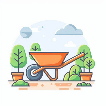 Wheelbarrow and trees in the garden, flat vector illustration.のイラスト素材