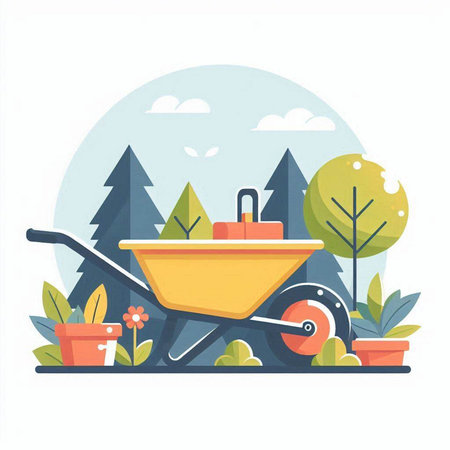 Wheelbarrow in the forest. Vector illustration in flat style.のイラスト素材