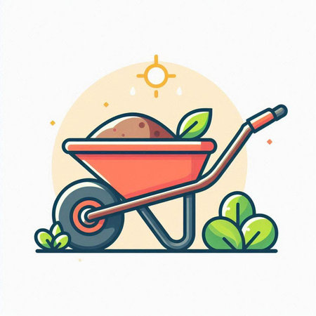Wheelbarrow with soil and green leaves. Gardening icon. Vector illustration.のイラスト素材