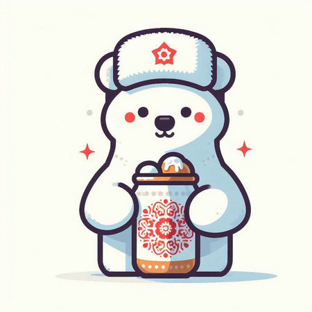Cute cartoon polar bear with a jar of honey. Vector illustration.のイラスト素材